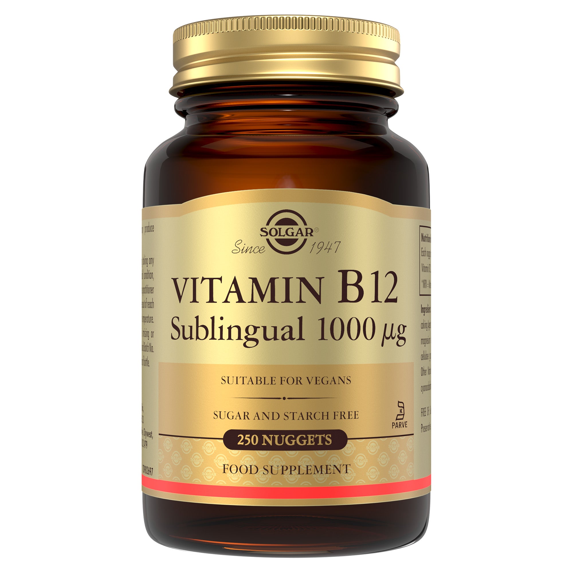 Solgar Vitamin B12 supplements in a glass bottle with a gold lid