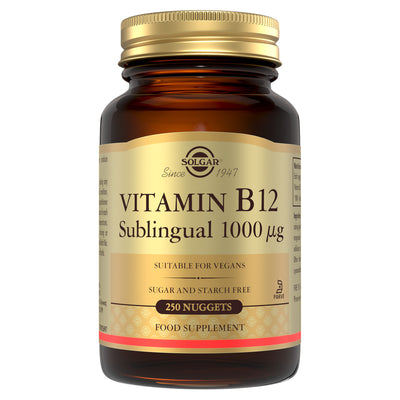Solgar Vitamin B12 supplements in a glass bottle with a gold lid