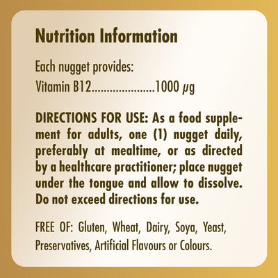 Nutrition information label for a bottle of Solgar Vitamin B12 supplements 