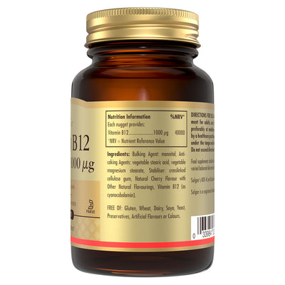 Nutrition information label on a bottle of Solgar Vitamin B12 supplements 