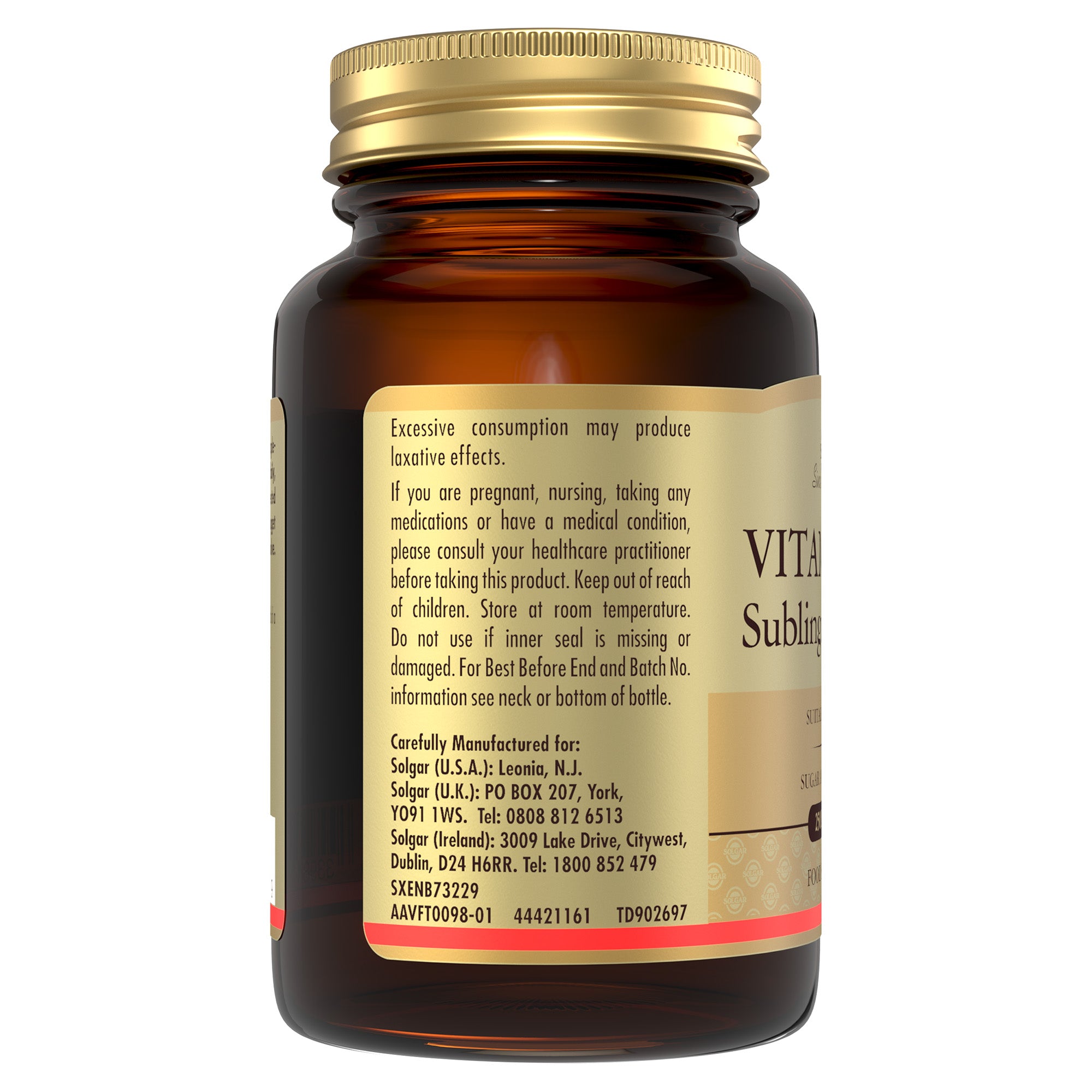 Side view of a Solgar Vitamin B12 supplement bottle with product information