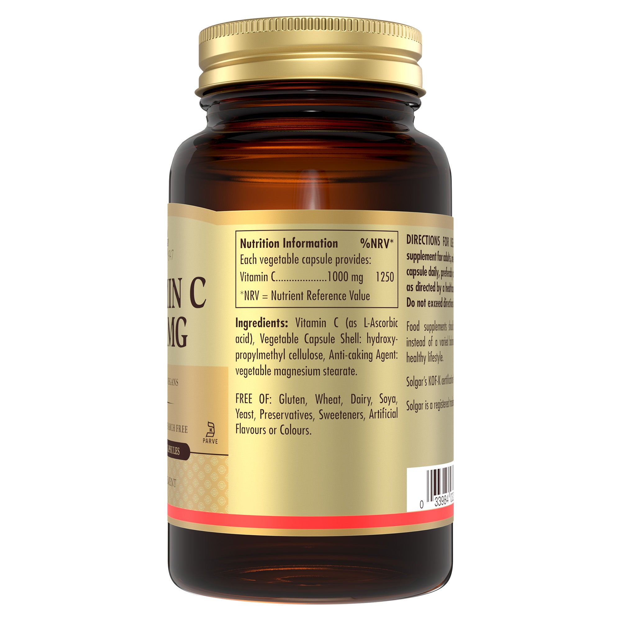 Nutrition information label on a Solgar Vitamin C vegetable capsules bottle