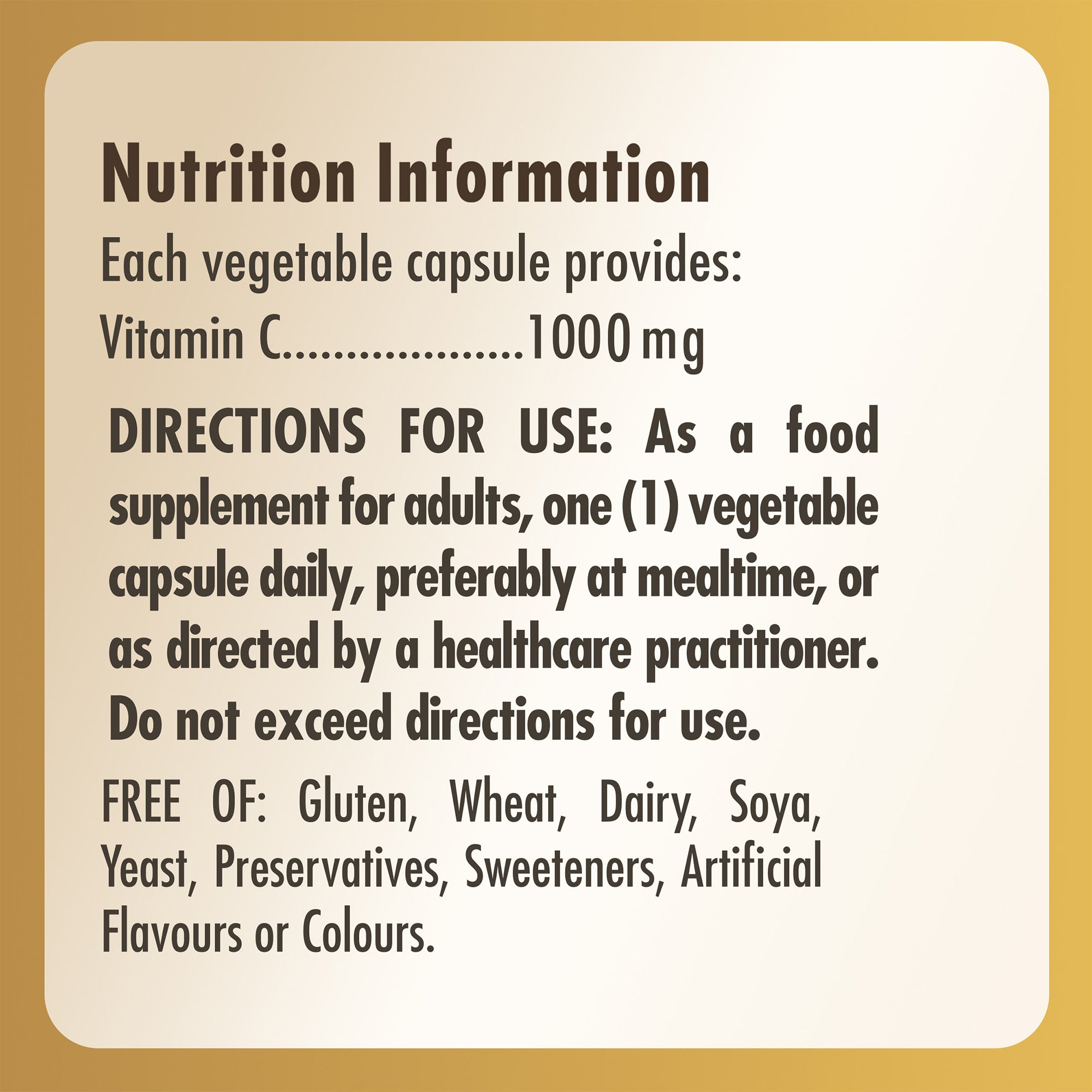 Solgar Vitamin C vegetable capsules nutrition information label