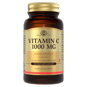 Solgar Vitamin C vegetable capsules in a glass bottle with a gold lid