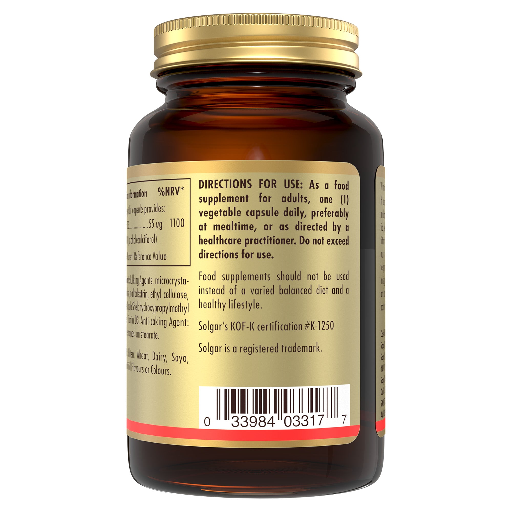 Directions for use label on a Solgar Vitamin D3 supplement glass bottle