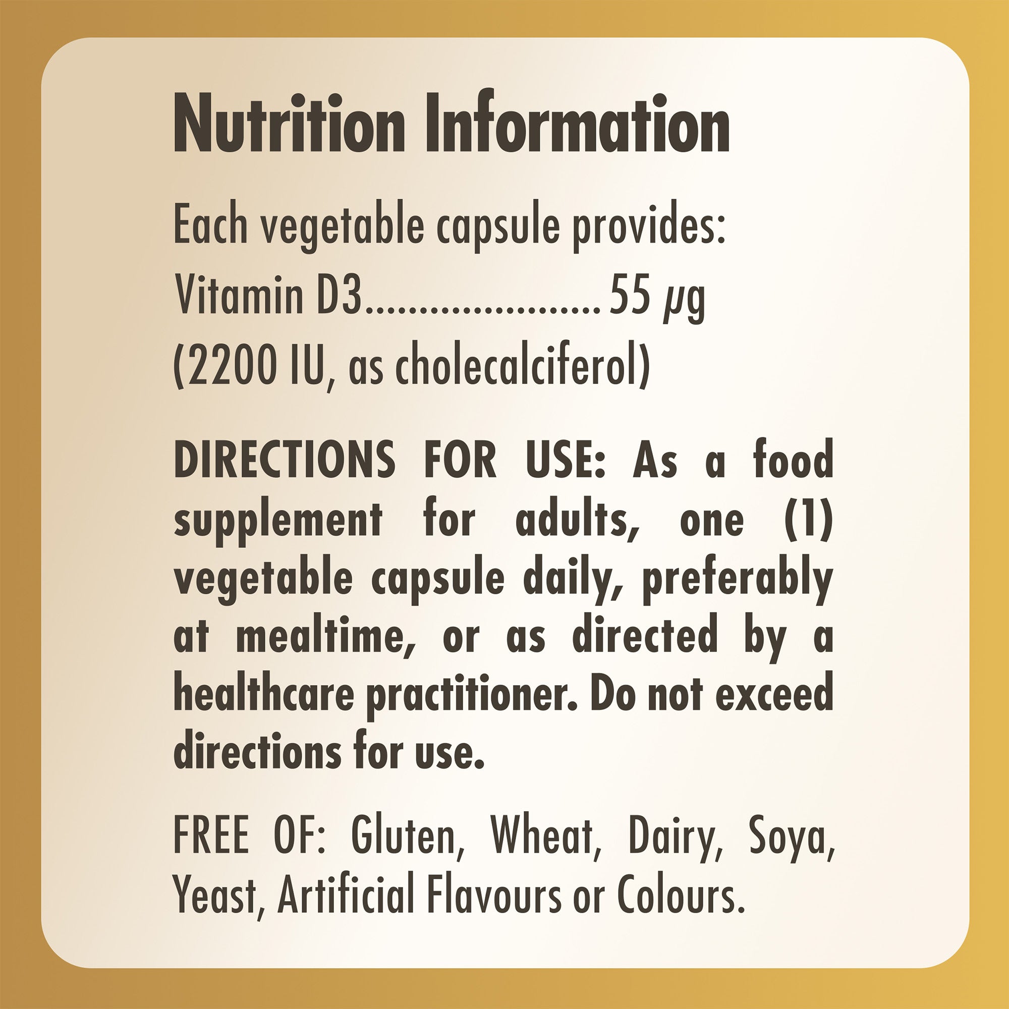 Nutrition information label for Solgar Vitamin D3 supplement bottle