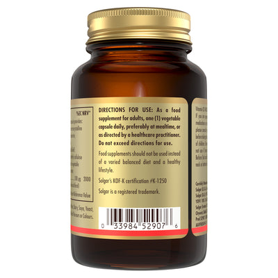 Directions for use label on a Solgar Vitamin D3 supplements bottle