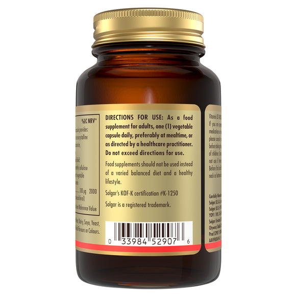 Directions for use label on a Solgar Vitamin D3 supplements bottle