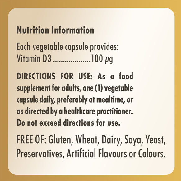 Nutrition information label for a Solgar Vitamin D3 supplement bottle