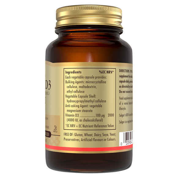 Ingredients label on a Solgar Vitamin D3 supplements glass bottle