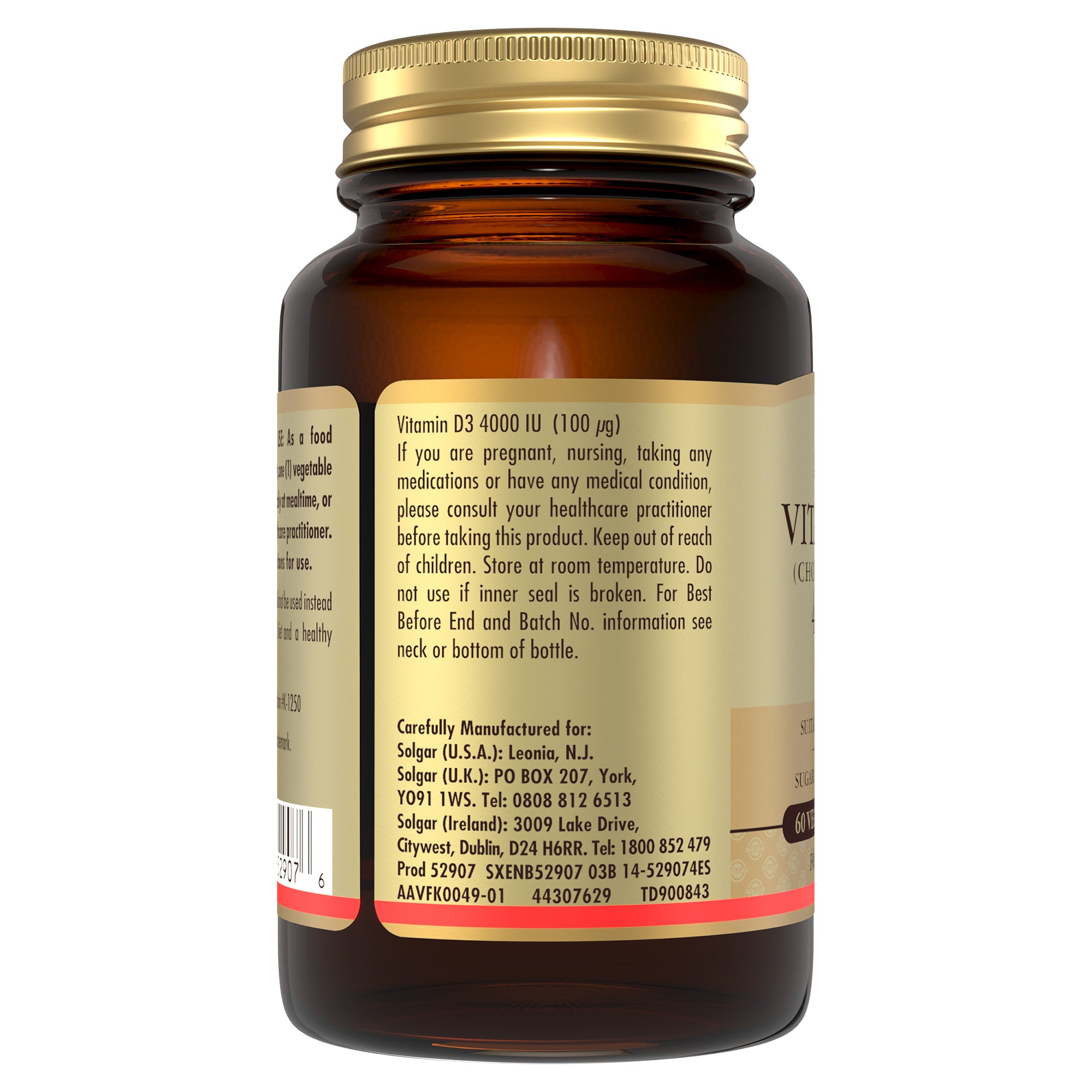 Side view of a Solgar Vitamin D3 supplement glass bottle