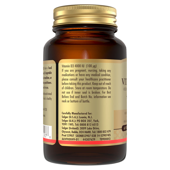Side view of a Solgar Vitamin D3 supplement glass bottle