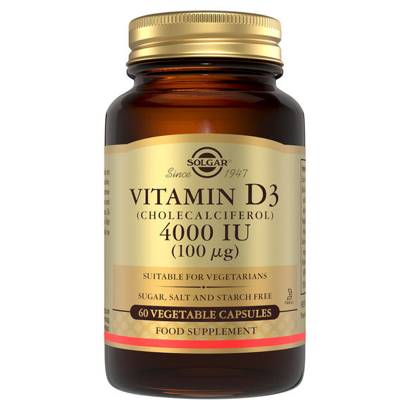 Solgar Vitamin D3 supplements in a glass bottle with a gold lid