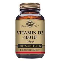 A glass bottle of Solgar Vitamin D3 400 IU softgels containing 100 capsules