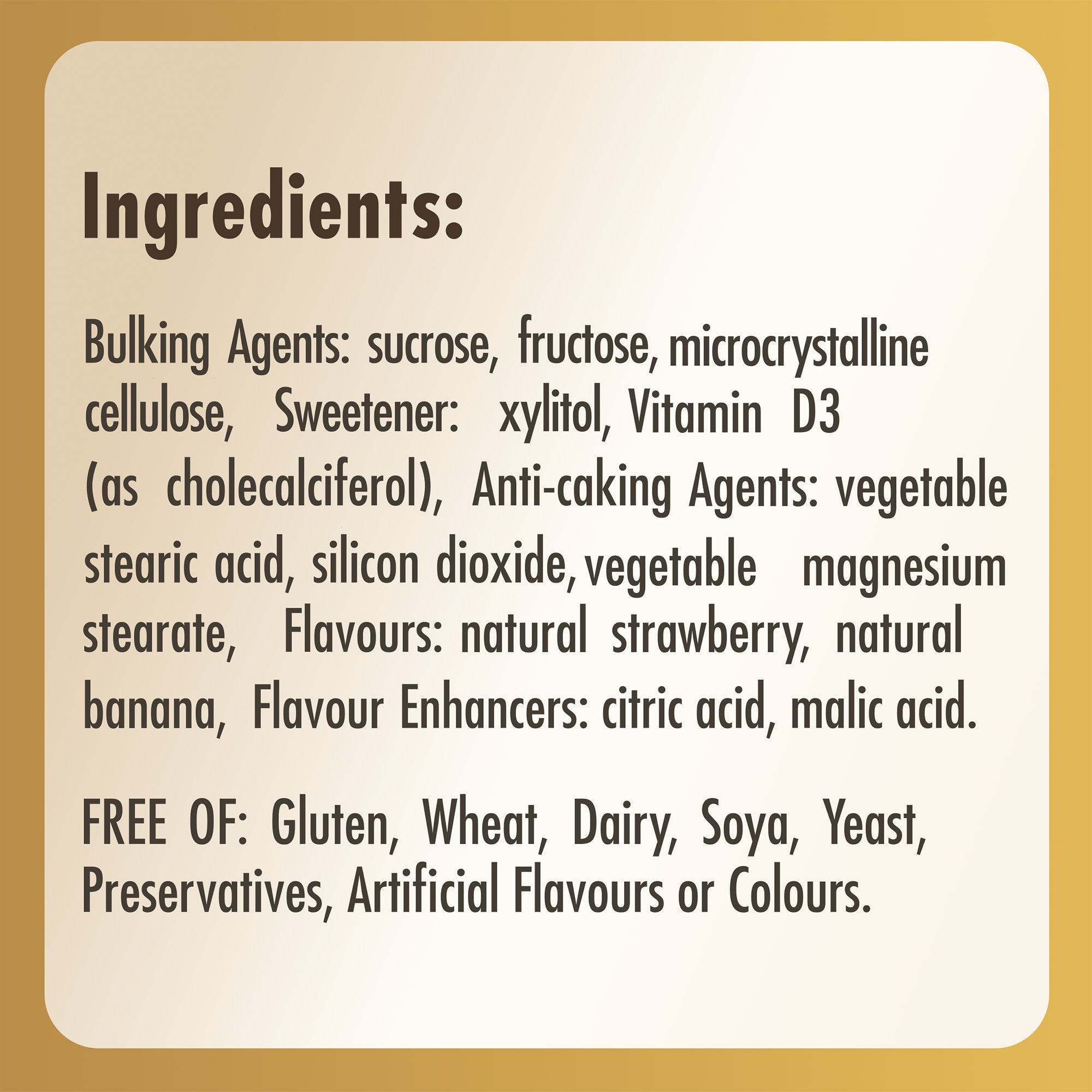 Ingredients list for a Solgar Vitamin D3 chewable tablet bottle
