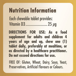Nutrition information label for a Solgar Vitamin D3 chewable tablet bottle