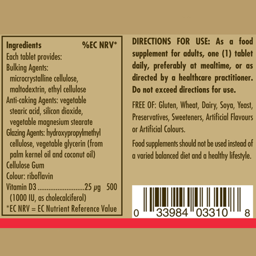 Ingredients label for Solgar Vitamin D3 supplements