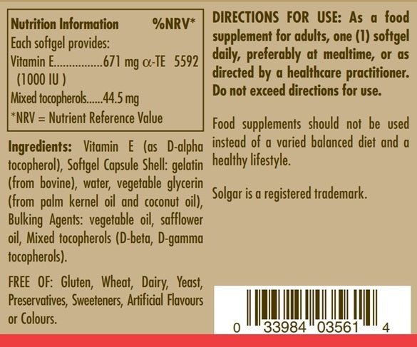 Nutrition information label for Solgar Vitamin E 671 mg (1000 IU) Softgels 