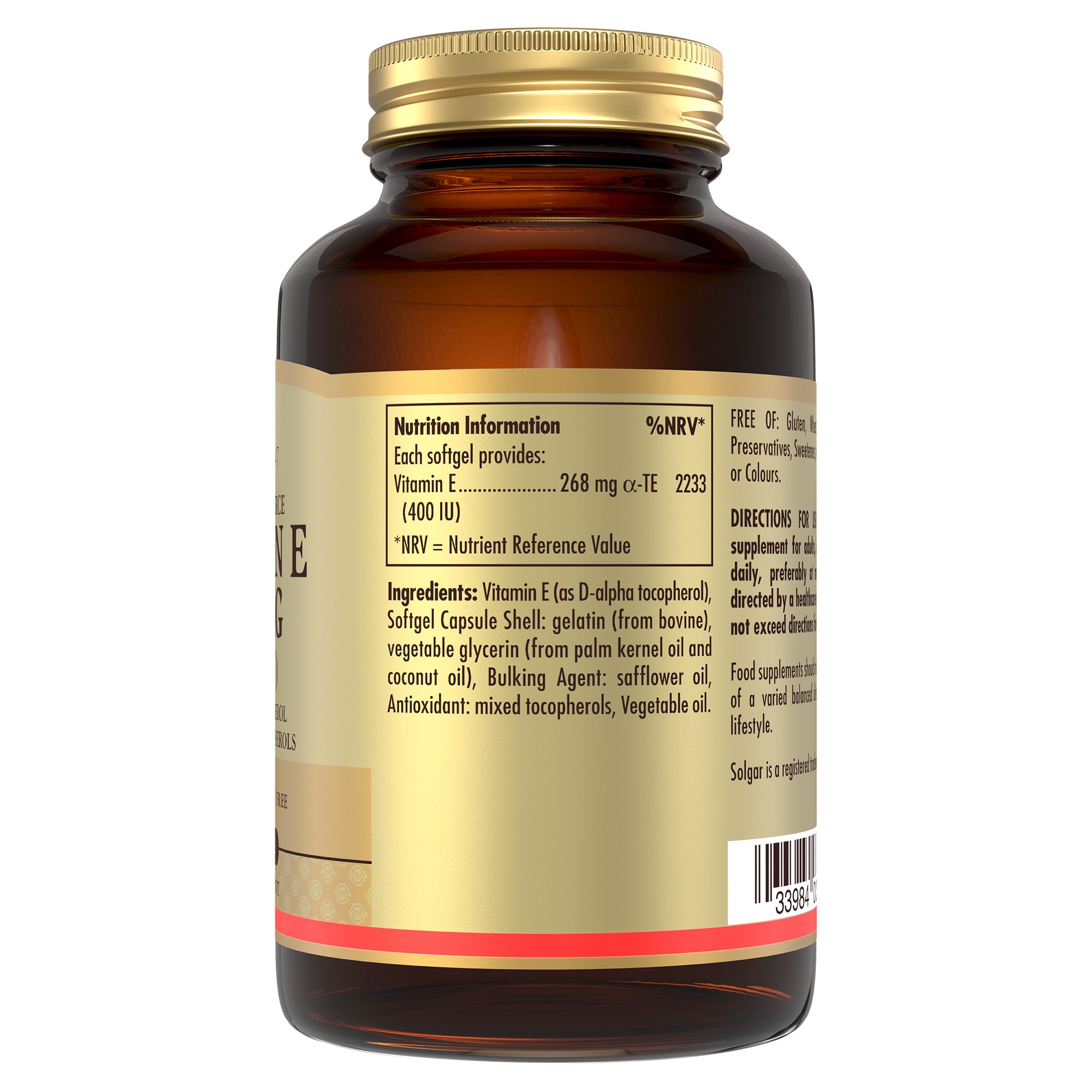 Nutrition information on a Solgar Vitamin E supplement bottle