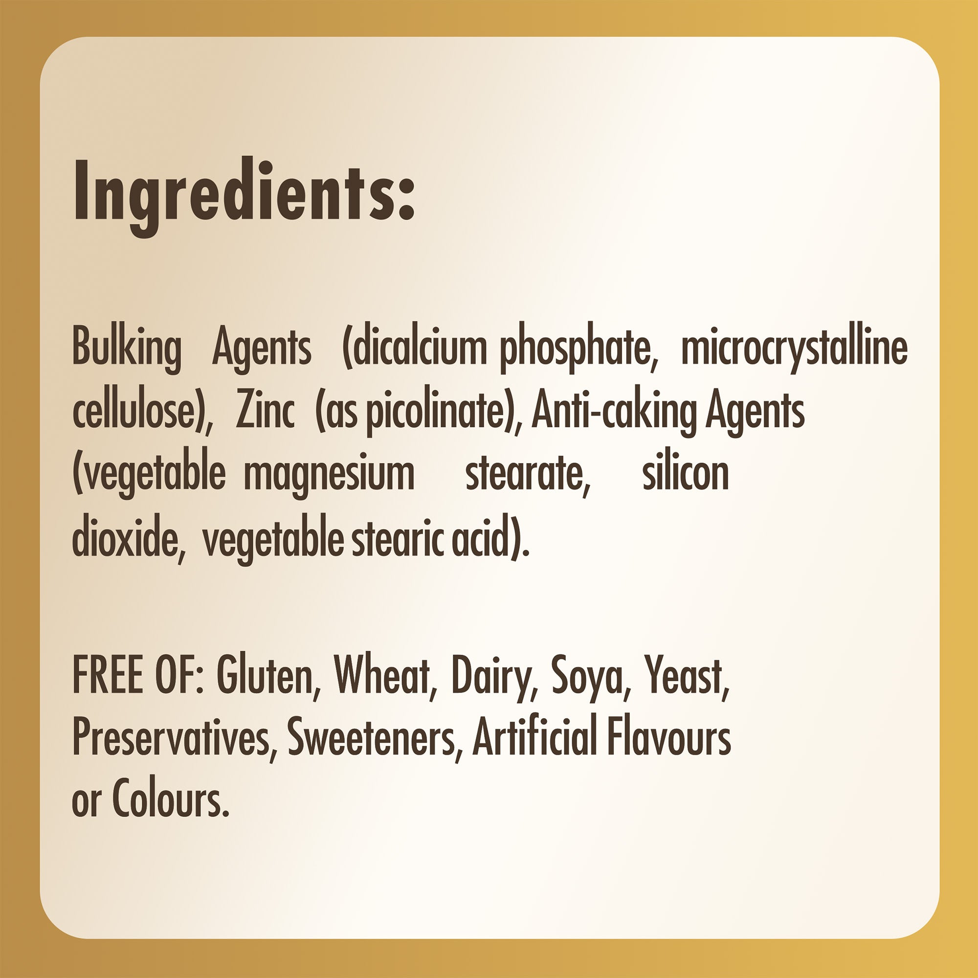 Ingredients list label for a Solgar Zinc Picolinate capsule bottle
