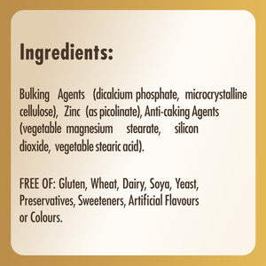 Ingredients list label for a Solgar Zinc Picolinate capsule bottle