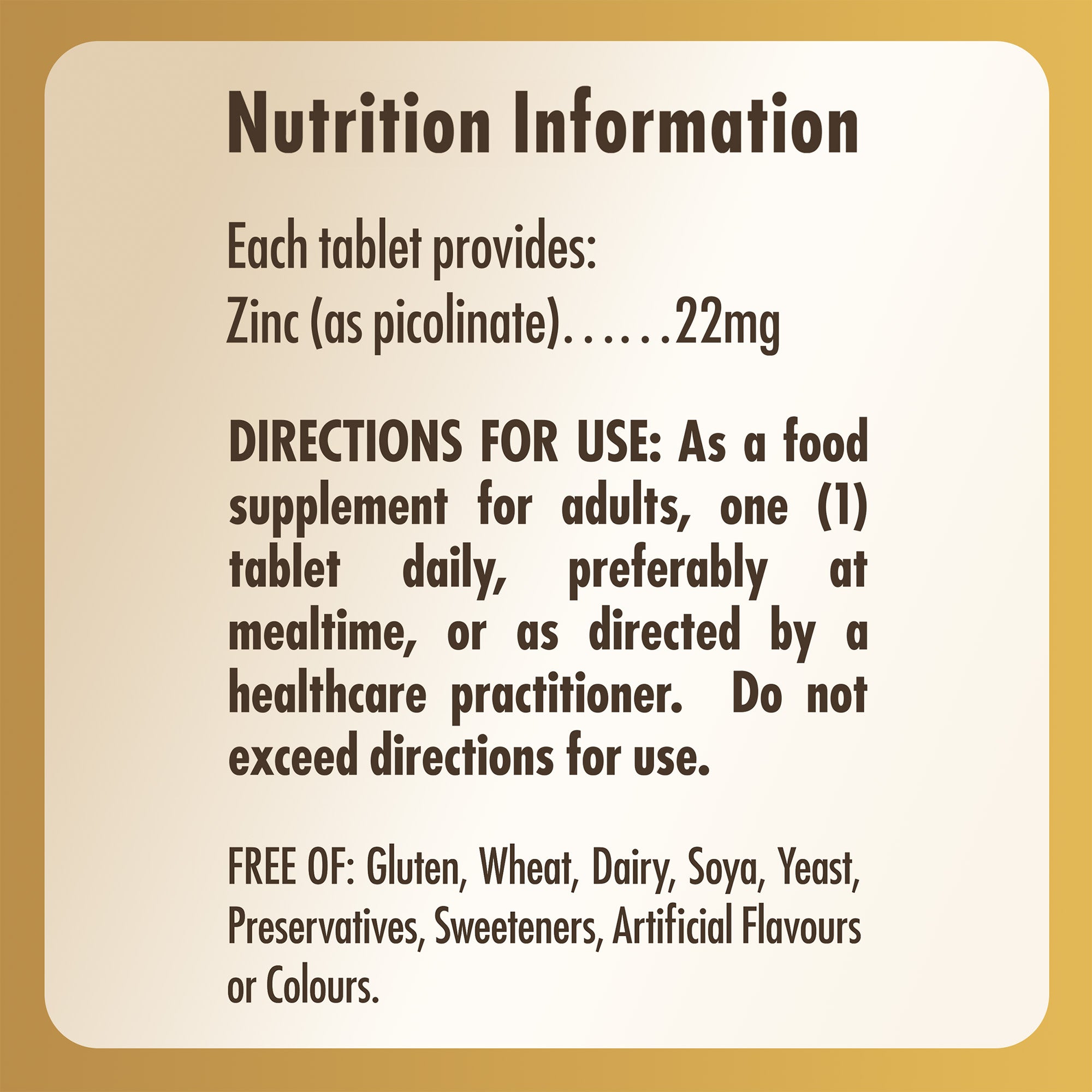 Nutrition information label for a Solgar Zinc Picolinate capsule bottle