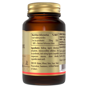 Nutrition information on the back of a Solgar Zinc Picolinate capsule glass bottle