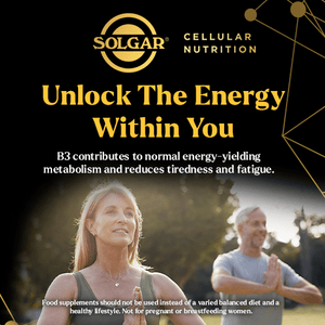 Label for Solgar cellular nutrition with a couple exercising outdoors.