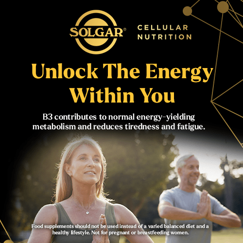 Label for Solgar cellular nutrition with a couple exercising outdoors.