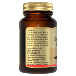 Rear of Solgar Inositol 500 MG supplement glass bottle with nutrition information 