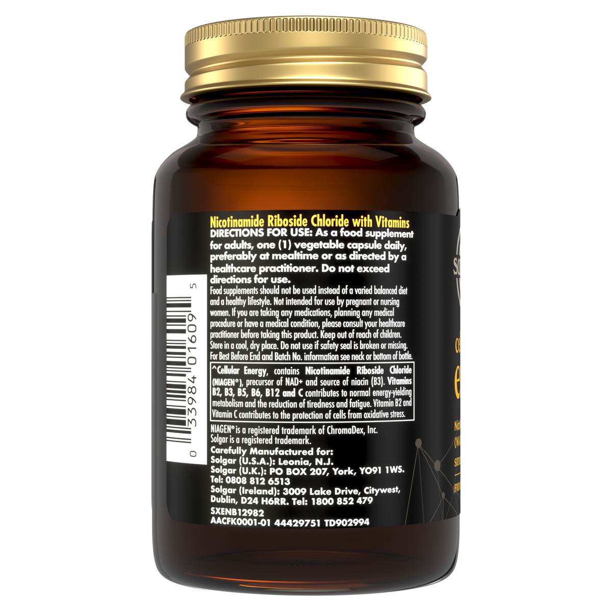 Label of a Solgar Cellular Energy supplement bottle with a gold cap