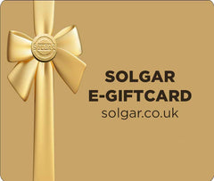 A Solgar E-Gift Card with a gold ribbon and the Solgar logo displayed