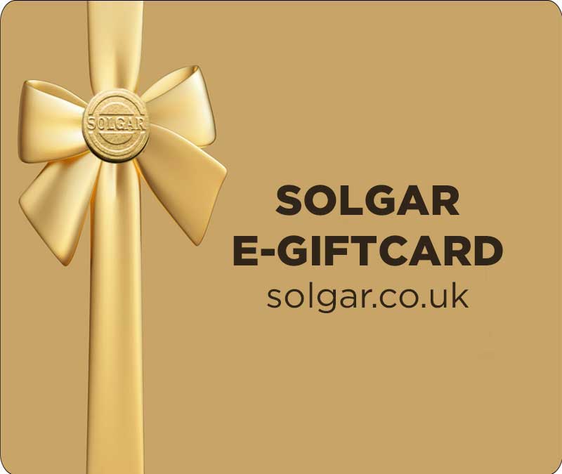 A Solgar E-Gift Card with a gold ribbon and the Solgar logo displayed