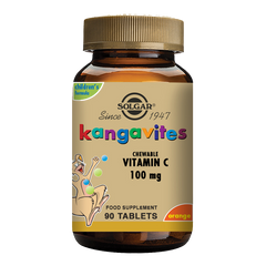 A glass bottle of Solgar Kangavites Vitamin C 100 mg chewable tablets with a gold lid