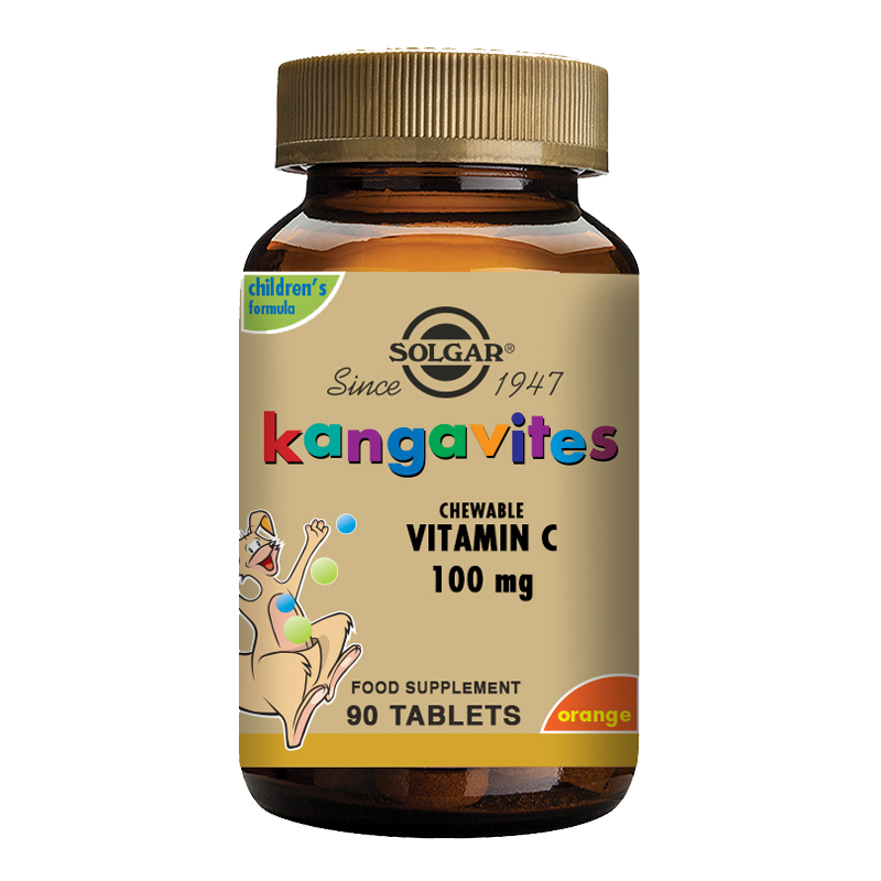 A glass bottle of Solgar Kangavites Vitamin C 100 mg chewable tablets with a gold lid