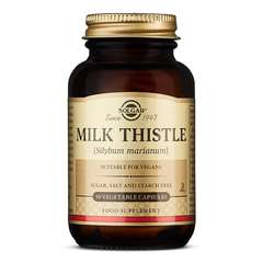 Glass bottle of Solgar Milk Thistle capsules with a gold lid