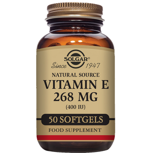 Solgar Natural Source Vitamin E 268mg softgels in a glass bottle with a gold lid