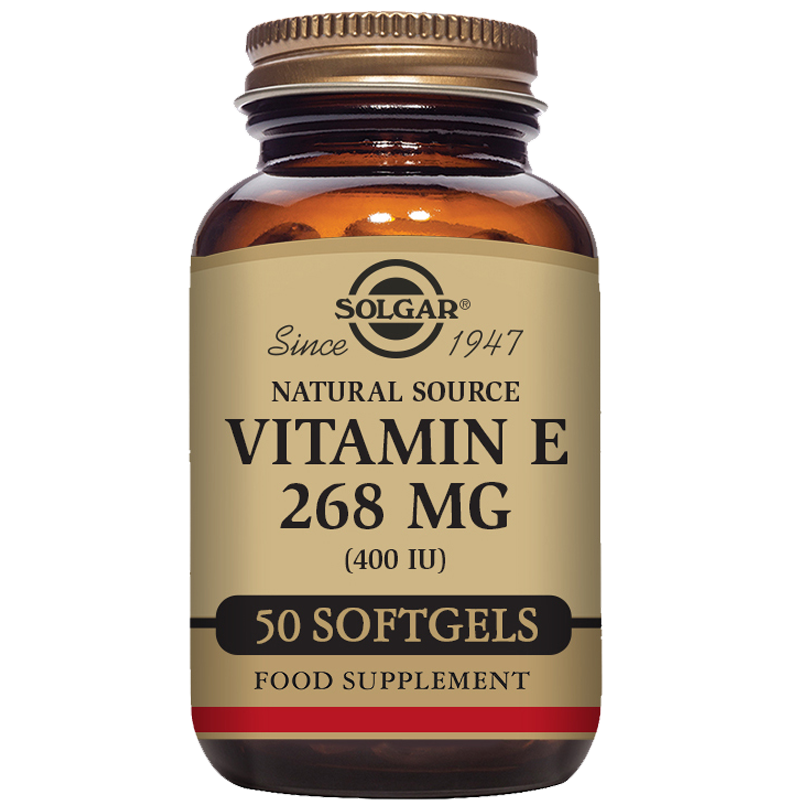 Solgar Natural Source Vitamin E 268mg softgels in a glass bottle with a gold lid