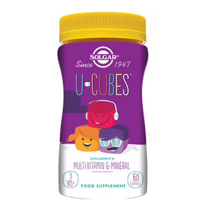 Solgar U-Cubes Children's Multi-Vitamin and Mineral Gummies in a purple plastic bottle 