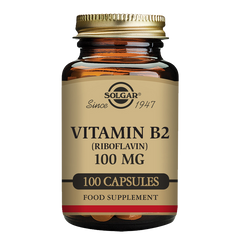 A glass bottle of Solgar Vitamin B2 (Riboflavin) 100 mg with 100 vegetable capsules