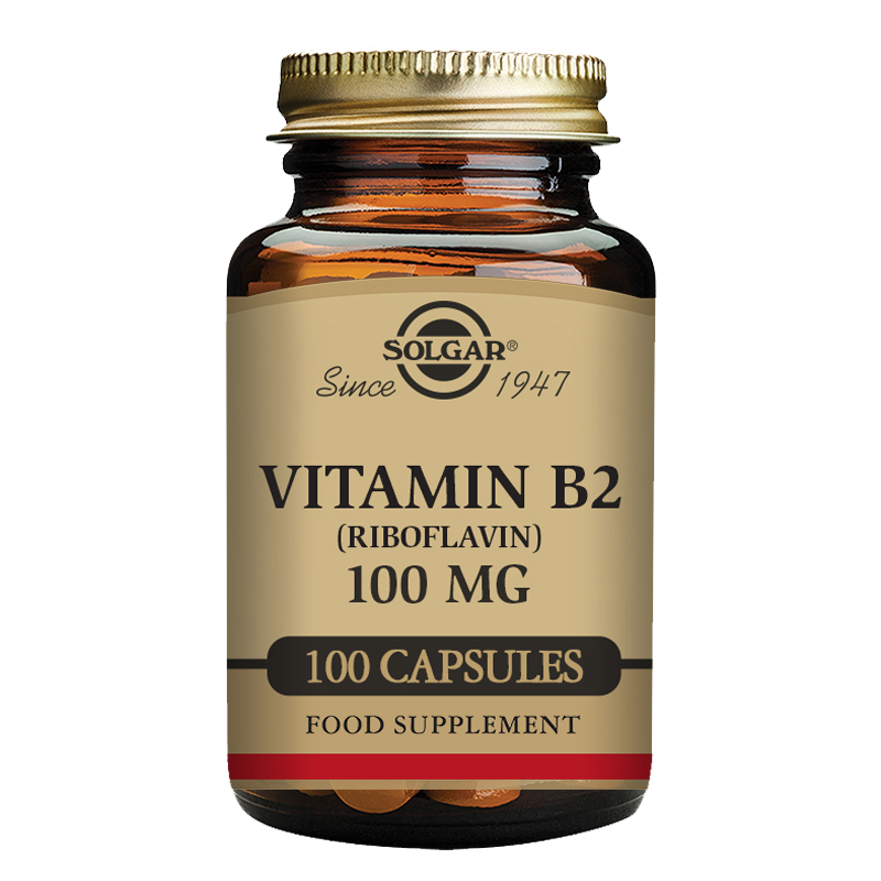 A glass bottle of Solgar Vitamin B2 (Riboflavin) 100 mg with 100 vegetable capsules