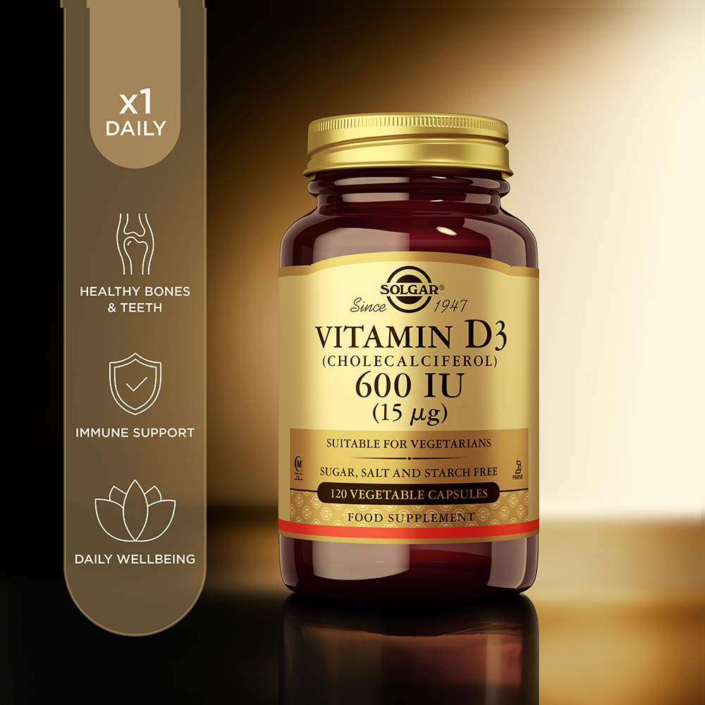 Solgar Vitamin D3 600iu capsules in a glass jar 