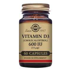 Solgar Vitamin D3 600iu capsules in a glass jar with a gold lid