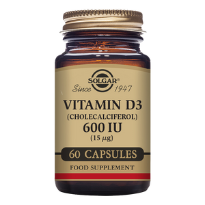 Solgar Vitamin D3 600iu capsules in a glass jar with a gold lid