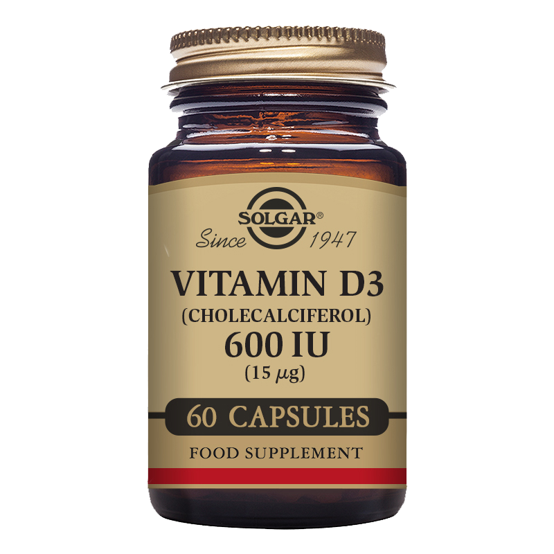Solgar Vitamin D3 600iu capsules in a glass jar with a gold lid