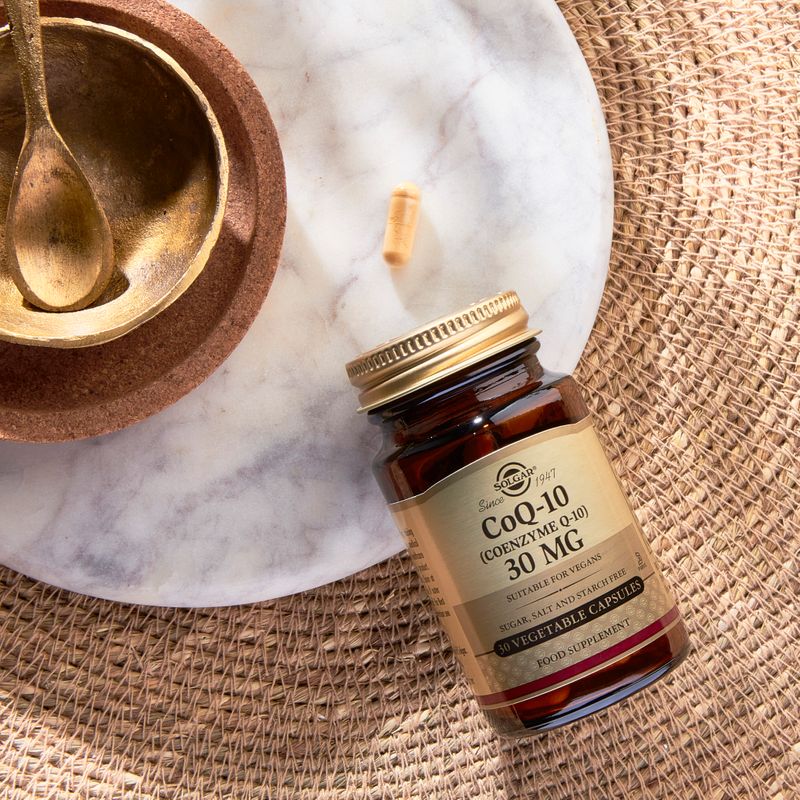 Solgar CoQ-10 30mg capsules on a table