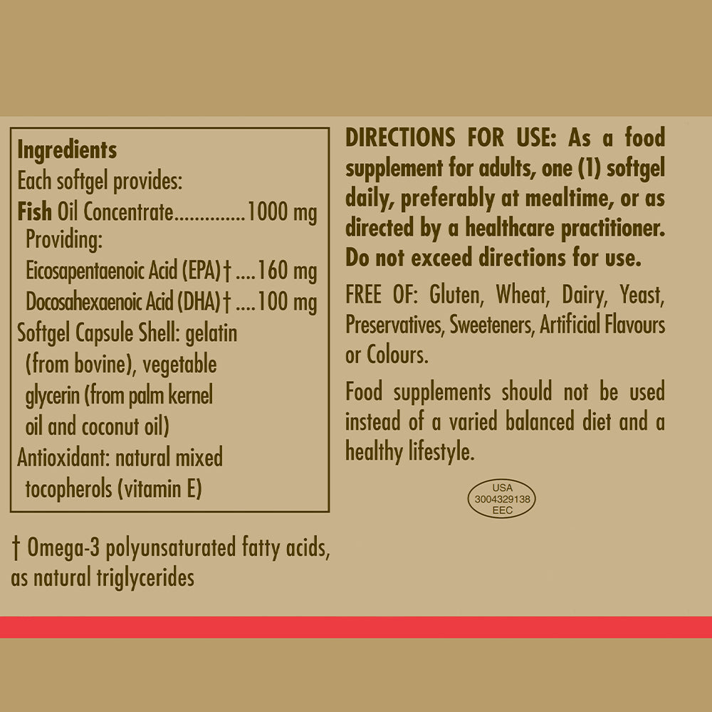 Ingredients and directions for use label for a bottle of Solgar Fish Oil Concentrate 1000 mg softgels