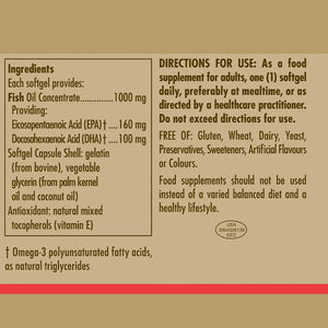 Ingredients and directions for use label for a bottle of Solgar Fish Oil Concentrate 1000 mg softgels