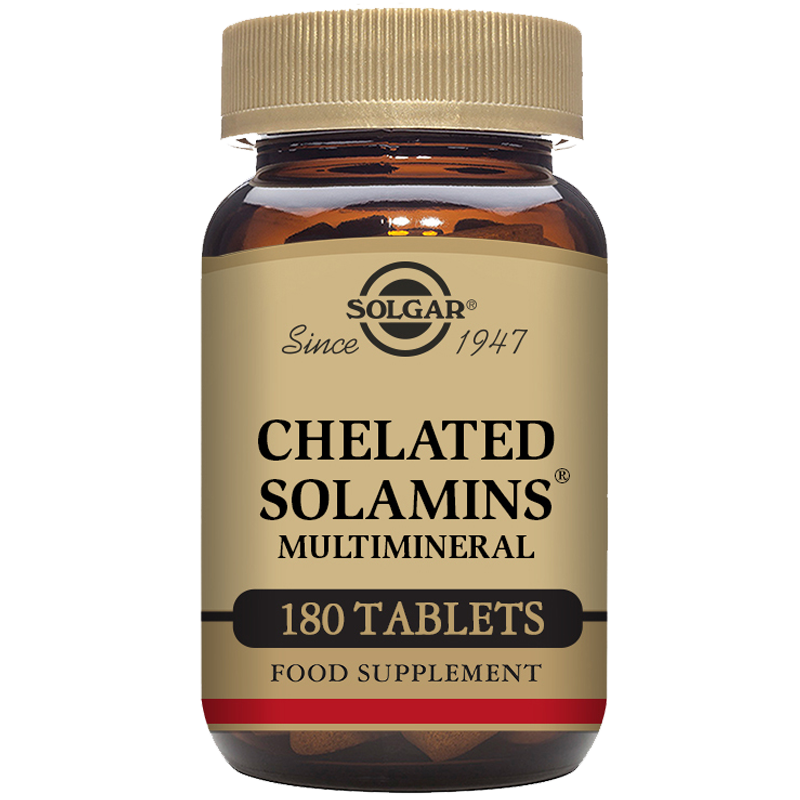 A glass bottle of 180 Solgar Chelated Solamins Multimineral Tablets with a gold lid
