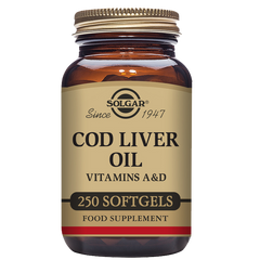Solgar cod liver oil softgels in a glass jar with a gold lid